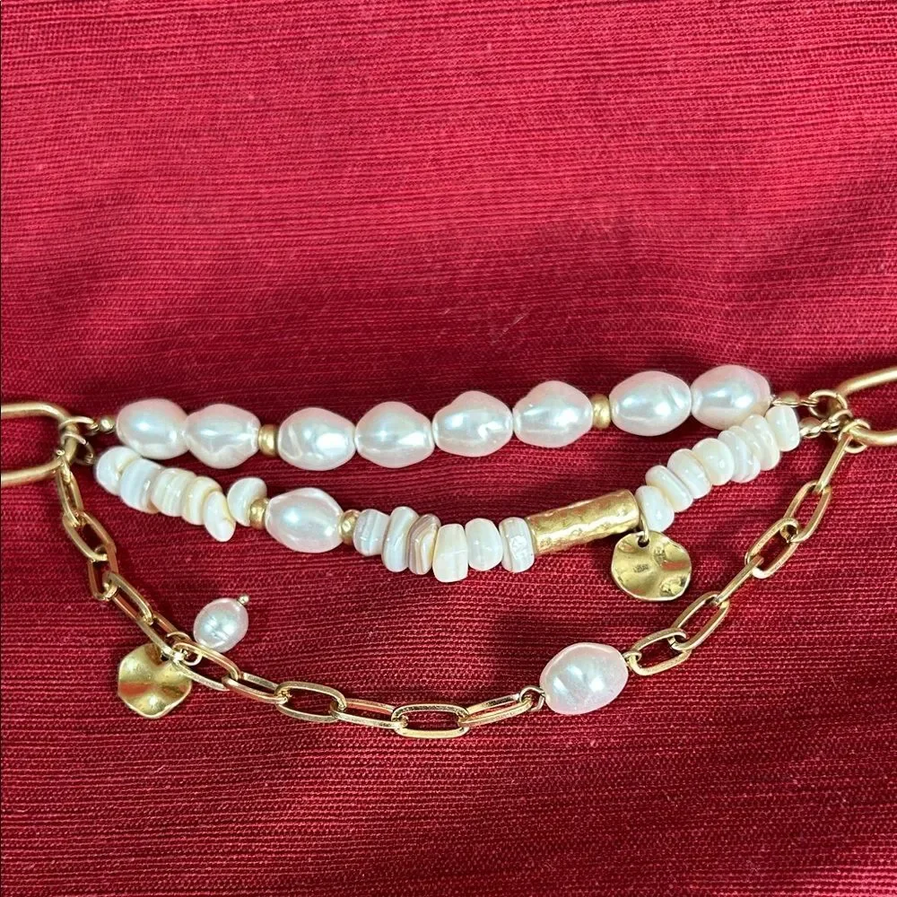 Gold Tone Paperclip 16” Chain Layered Pearls Beads Charms Boho Statement Choker